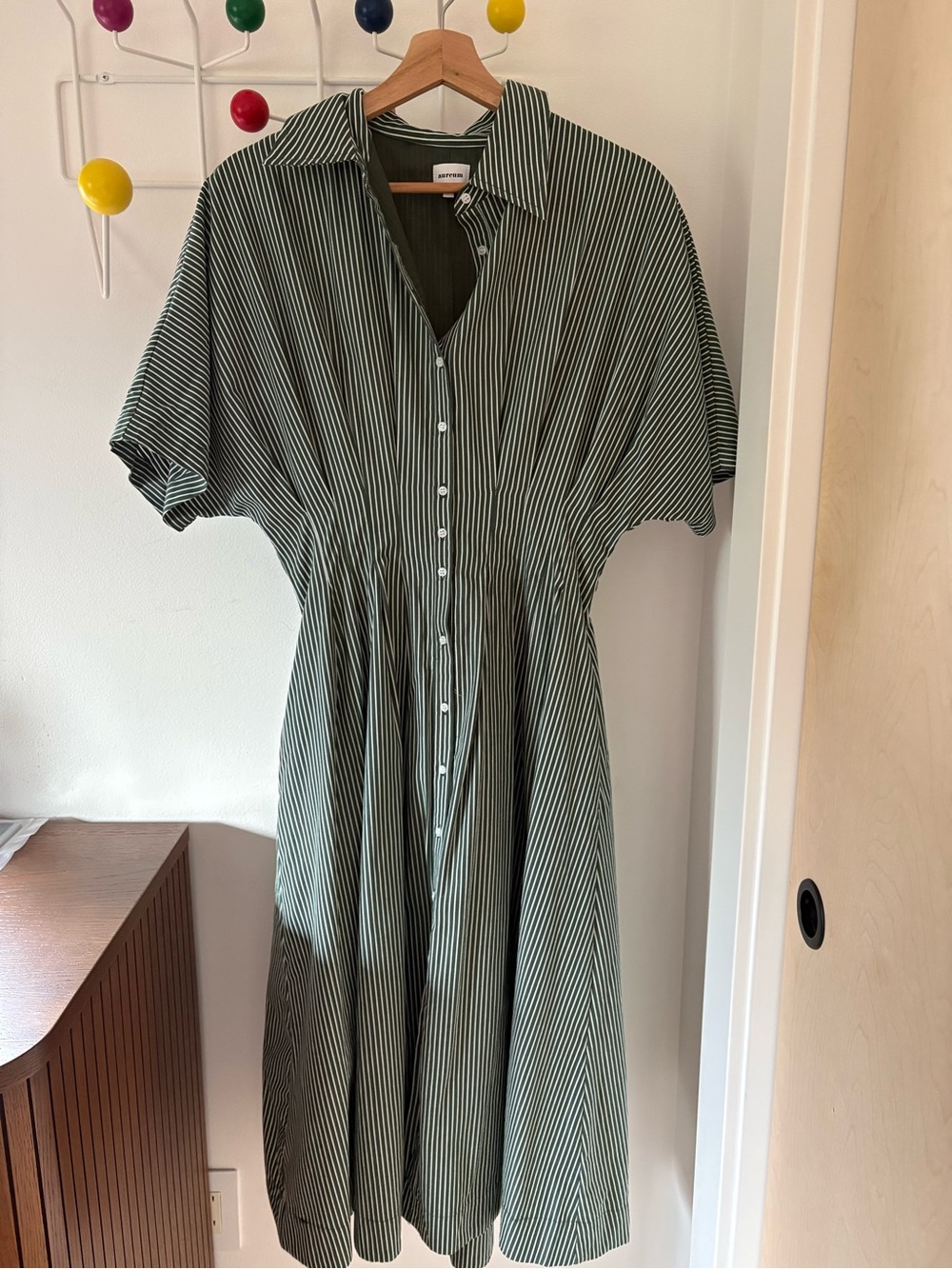 AUREUM Olive-Green Striped Midi Shirt Dress